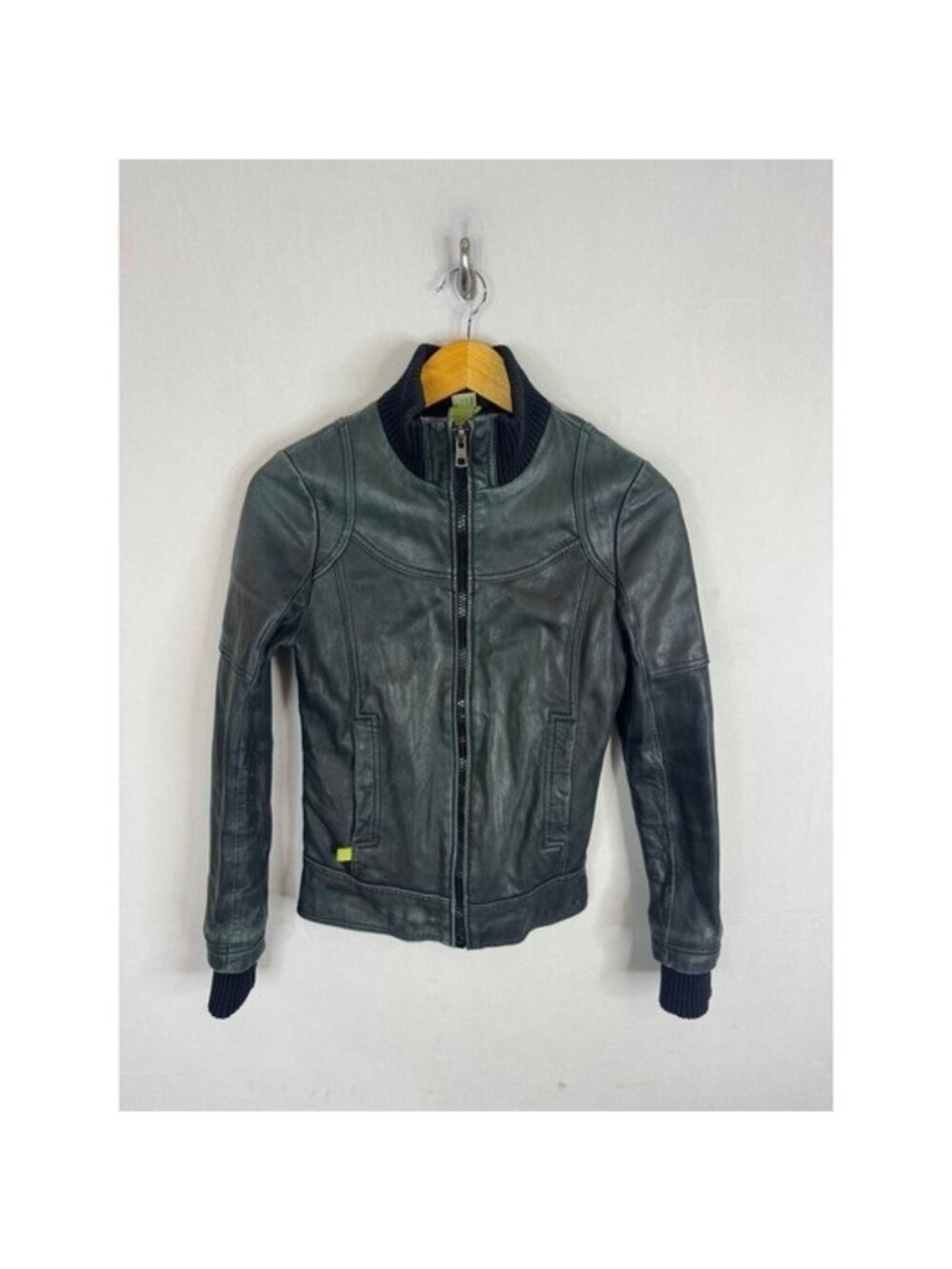 Soia & Kyo Women Green Leather Bomber Jacket Ribbed Knit Trim Size XS